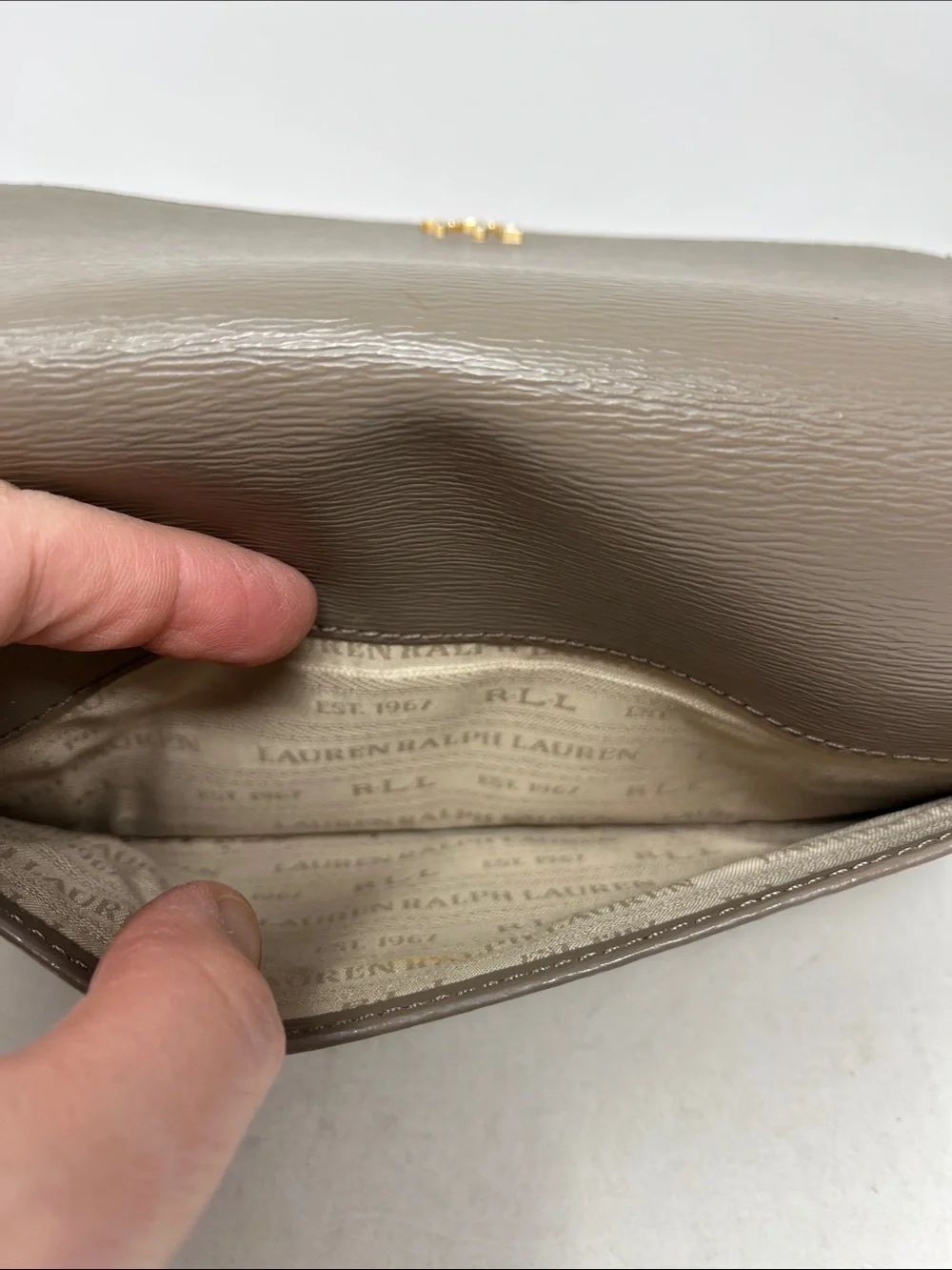 LRL Ralph Lauren Lowell Kaelyn Cow Leather Crossbody Wallet Clutch Taupe